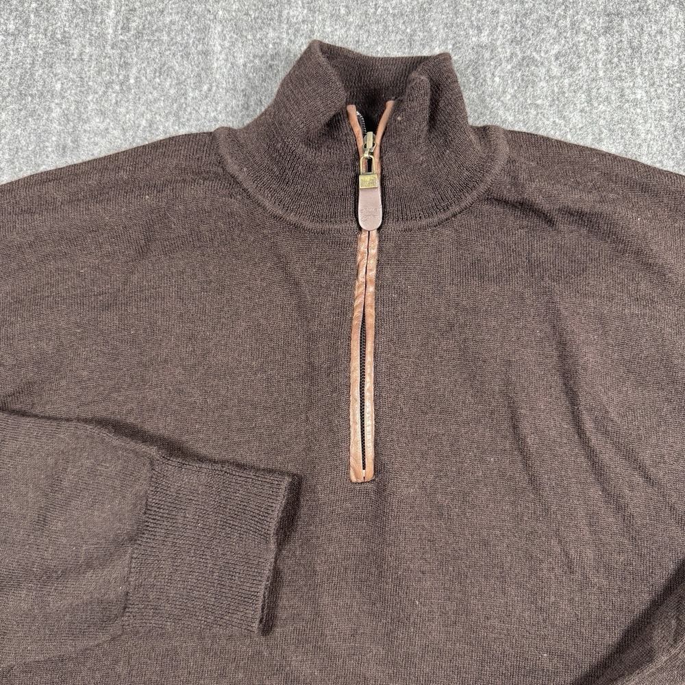 Orvis Mens L Wool 1/4 Zip Sweater Brown Leather Trim Pullover